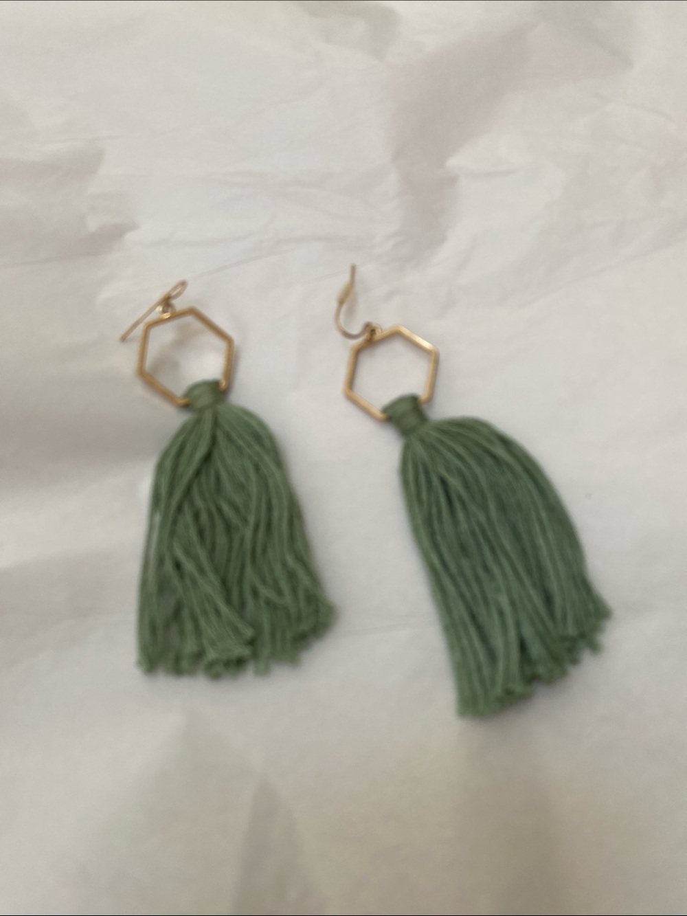Gold Hexagon Earrings with Sage Green Tassels